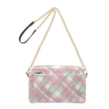Imagem de Bolsa tiracolo feminina bolsa de telefone linda alça de corrente couro PU bolsa de ombro xadrez rosa verde cor xadrez