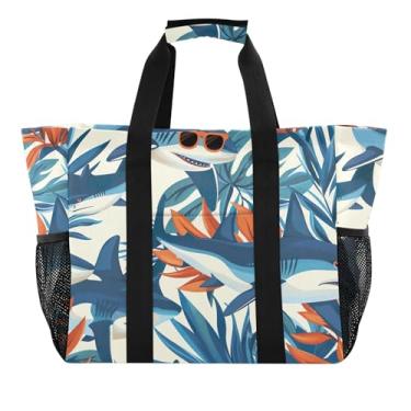 Imagem de Sacolas de mercearia reutilizáveis para piquenique, sacolas de compras, lindas bolsas de praia com golfinhos, para mulheres, fofas, grandes, para mães, de verão, cores, Lindo tubarão azul, 15.4 X 9.8