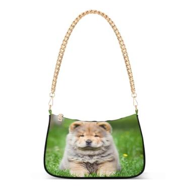 Imagem de Bolsa de ombro Chow Puppy Dog Grass com corrente de ombro, linda bolsa de mão Hobo média para mulheres, bolsa clutch moderna