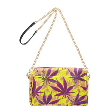 Imagem de Joitme Bolsa tiracolo feminina roxa folhas de bordo amarelo bolsa para celular bolsa de couro PU bolsa de ombro com alça de corrente