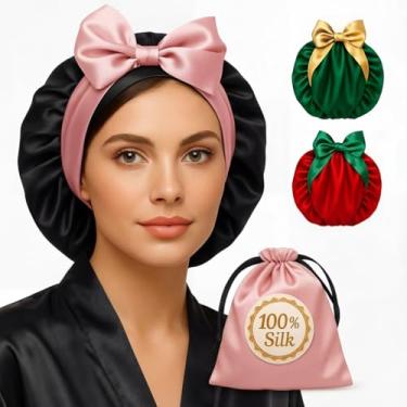 Imagem de Touca de seda 100% amoreira para mulheres dormindo com cabelo encaracolado - Touca de cabelo longo curto para dormir - Alternativa ao gorro de cetim de camada dupla com faixa de gravata - Envoltório