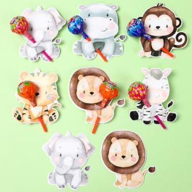 Imagem de 48 peças, conjunto de cartas de pirulito de animais da selva, papelão elefante leão tigre, decoração de festa de aniversário com tema animal, decoração de floresta verde, decorações de safári na selva