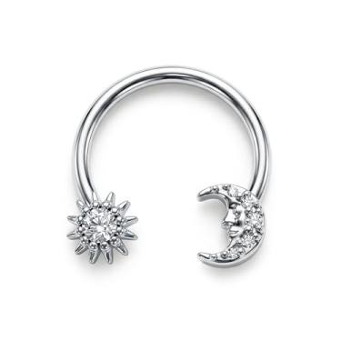Imagem de BodyBonita Anéis de septo de sol e lua de 16G, anéis de nariz de ferradura de aço cirúrgico 316L, argolas para mulheres, zircônia cúbica, barra de septo, joia de lábio, tragus, concha, hélice