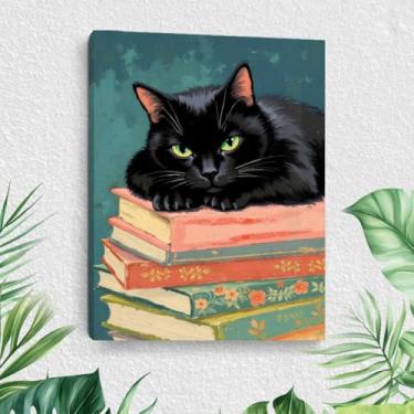 Imagem de Arte de parede em tela engraçada de gato deitado na pilha de livros, pinturas de arte emolduradas estéticas de gato decoração de parede para amantes de gatos, imagem para sala de estar, sala de jantar