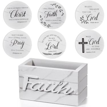 Imagem de Hushee Conjunto de 6 porta-copos de madeira para bebidas com versículos da Bíblia, presente de inauguração de casa para decoração cristã de casa, porta-copos religiosos de fazenda com suporte para