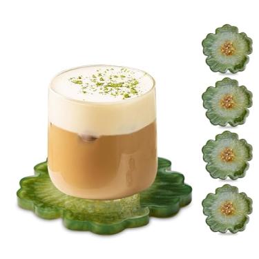 Imagem de Conjunto de 4 porta-copos para bebidas: porta-copos em forma de flor - porta-copos de resina com papel alumínio - porta-copos de cristal roxo para mesa (4, azul-petróleo com folha dourada)