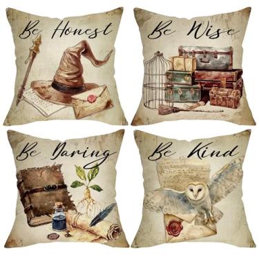 Imagem de Fjfz Capas de almofada decorativas mágicas vintage 50 x 50 conjunto de 4, livros mágicos retrô chapéu de feiticeiro coruja mala varanda exterior decoração de casa, aquarela Be Honest Wise Daring Kind