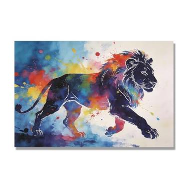 Imagem de NHLDZYH Pintura de leão colorida, impressão de arte abstrata vibrante, decoração de parede de animais selvagens e enérgicos, tela contemporânea moderna para quarto, academia, quarto de crianças. A63