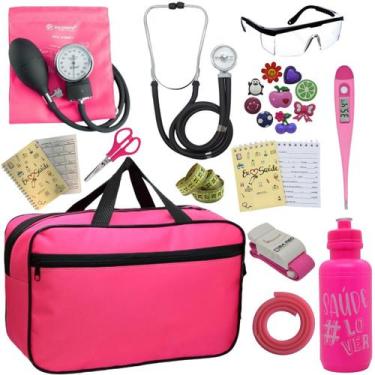Imagem de Kit Bolsa Aparelho de Pressão Esfigmomanômetro Esteto Incoterm, ROSA