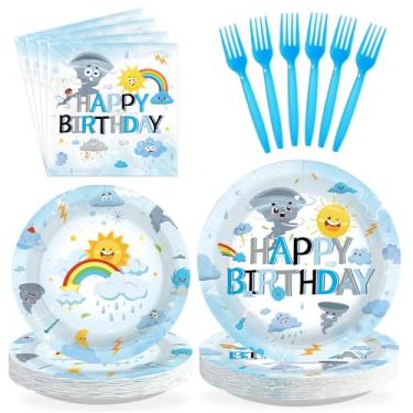 Imagem de Greencian 96Pcs Tornado Birthday Party Supplies Weather Forecast Plates and Napkins Blue Cartoon Tornado Rainbow Clouds Sun Tableware Set for Boys Girls Birthday Party Decorations Serves 24