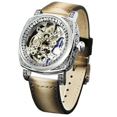Imagem de FORSINING Relógios masculinos, relógio mecânico retrô quadrado esculpido, esqueleto automático, pulseira de couro vintage, Marrom bege