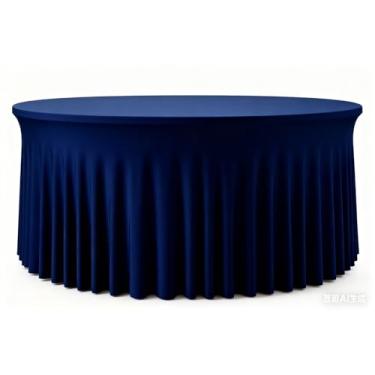Imagem de Fixoro Pacote com 2 toalhas de mesa de elastano azul marinho para mesa redonda de 152 cm, toalha de mesa elástica de 300 cm, capa de mesa sem rugas com saia para aniversário, casamento, banquete