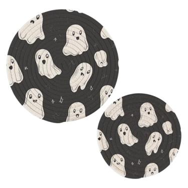 Imagem de Wassud Suportes de panela redondos de Halloween com estampa fofa de algodão, almofadas quentes, porta-copos elegantes, decoração de cozinha e acessórios, 2 peças