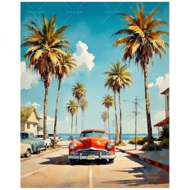 Imagem de Kit de pintura de rua costeira por números para adultos - DIY vermelho vintage com pintura de palmeiras em tela, conjunto de tinta acrílica, adequado para iniciantes, arte para decoração de casa ou