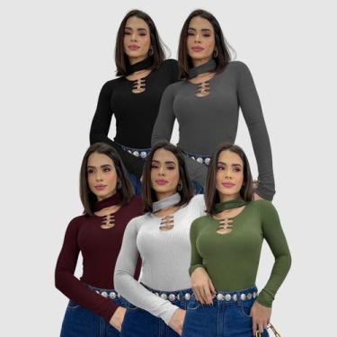 Imagem de Kit 5 Body Blusa Canelada Manga Longa Gola Choker  Moda Gringa Social 