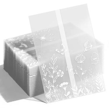 Imagem de Pacote com 30 jaquetas de veludo para convites de 12 x 17 cm, kit de acessórios de convite de casamento, envoltórios de papel translúcido para casamento, chá de bebê, aniversário (padrão de flores