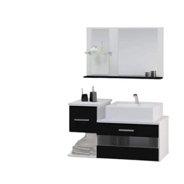 Imagem de Kit Gabinete MDF para Banheiro com Cuba e Espelheira 65cm (Branco/Preto)