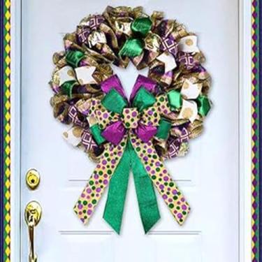 Imagem de Grande laço de carnaval para grinalda, roxo e verde para decoração de carnaval - laço de lantejoulas para porta da frente interna e externa, enfeite de artigos de festa de carnaval