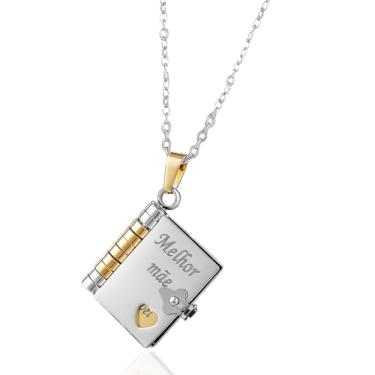 Imagem de FLORA Colar com pingente de mini livro em formato de coração que se abre corrente para clavícula colar com pingente de livro gravado colar em aço titânio moderno e versátil (Melhor mae, Prata)