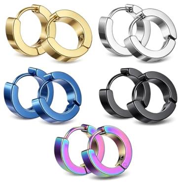 Imagem de 5 pares de brincos de argola de aço inoxidável unissex para mulheres e homens, conjunto de brincos de argola minimalistas (ouro, prata, preto, azul, laser)