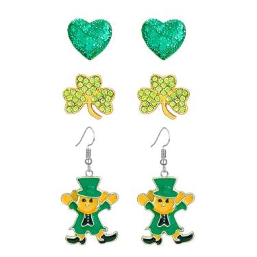 Imagem de MALOYANVE Conjunto de 3 pares de brincos femininos para o dia de São Patrício, fofo, esmaltado, trevo, cravo, brilhante, verde, irlandês, acessórios leves, festivos, boa sorte, presente de aniversário