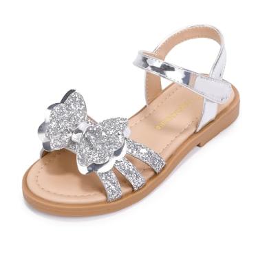 Imagem de PANDANINJIA Clover Sandálias femininas para bebês e crianças pequenas/crianças grandes bico aberto lindo laço sandália social sapatos de verão, Trevo, prata, lantejoulas, 8 Toddler