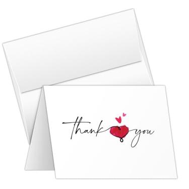 Imagem de Cartões de felicitações e envelopes de agradecimento, design de script de coração minimalista Dobra saudações para o dia dos namorados, casamentos, chás de noiva, aniversários – Interior em branco | 10,8 x 14 cm | 25 por pacote