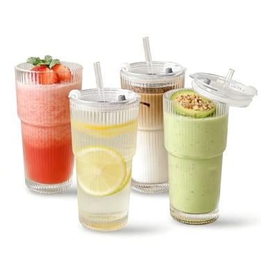 Imagem de YALONG Copos de vidro com tampas e canudos, conjunto de 4 copos de vidro de café gelado com alto teor de borossilicato de 623 g, copos de água e chá