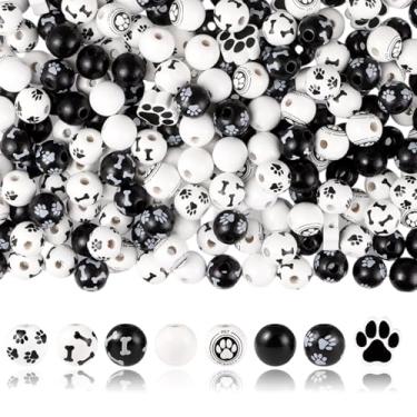 Imagem de KEOGONG 225 peças de contas de pata de cachorro, contas de madeira com pegada de cachorro, conta espaçadora preta e branca fofa para pingente de animal de estimação, faça você mesmo, joias, decoração