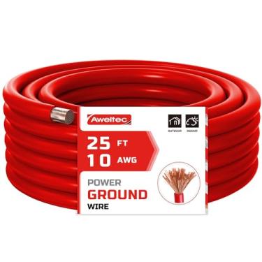 Imagem de AWELTEC Fio de calibre 10, cabo de aterramento vermelho de 25 pés, fio automotivo primário, fio de alumínio revestido de cobre para cabo de bateria, áudio de carro, fiação de amplificador, gerador,