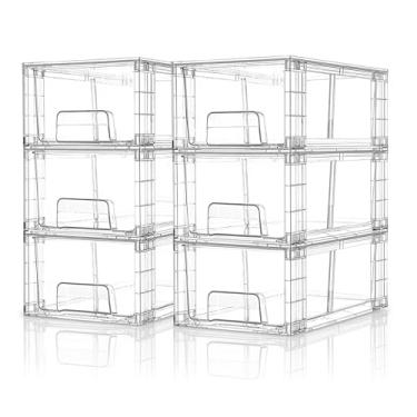 Imagem de XWYWX Gavetas pequenas empilháveis de acrílico transparente (pacote com 6) com alças, caixas organizadoras de plástico para geladeira, banheiro, armário de cozinha, despensa, café, embaixo da pia do