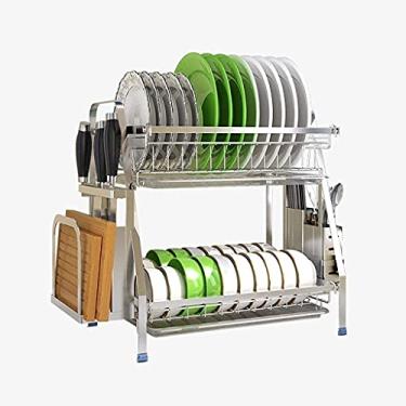 Imagem de U5GAAALPPQ9 Escorredor de pratos escorredor de pratos suprimentos de cozinha drenagem de armazenamento com pauzinhos/facas/suporte de tábua de corte, suporte de placa de drenagem (cor: prata, tamanho