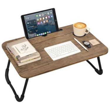 Imagem de Mesa de colo para mesa de laptop pequena mesa de madeira para laptop com pernas dobráveis e suporte de copo, mesa de sofá portátil para comer, escrever, ler, estudo, marrom claro
