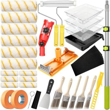 Imagem de Kit de rolo de pintura de 38 peças com haste de extensão de 6 a 10 m, rolos de pintura de 10 cm e 23 cm, extensor de pincel, suporte de lixa, pincéis para paredes, rolo de pintura para casa para todas