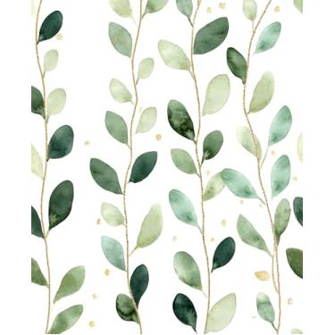 Imagem de VOLEAAR Papel de parede de folha verde, folhas boêmias com design floral dourado papel de parede removível autoadesivo para gaveta de cozinha de quarto, papel de contato verde-oliva de vinil 43 cm x
