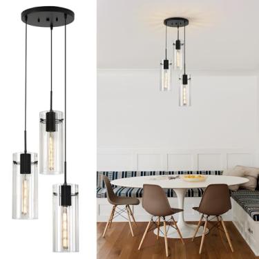 Imagem de FEAZAC Luzes pendentes de cluster moderno, lustre preto com vidro canelado transparente, 3 luzes pendentes para ilha de cozinha, escada, sala de jantar, sala de estar