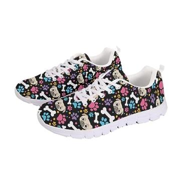 Imagem de Jeiento Tênis leve masculino e feminino para caminhada, tênis de corrida atlético, tênis esportivo de malha para treino casual, Linda estampa de pata de cachorro Pug colorida, 38