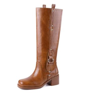 Imagem de CORNMOOD Banana Bota feminina cano alto bico quadrado salto grosso cavalgar botas longas para mulheres confortável salto baixo puxar na panturrilha larga outono bota alta, Marrom, 40