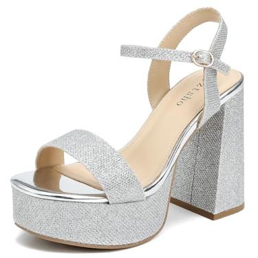 Imagem de syztsho Salto plataforma para mulheres, salto alto, grosso, tira no tornozelo, bico aberto, sapatos de salto alto sexy para casamento, Glitter prateado, 39
