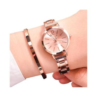 Imagem de Conjunto De Relógio De Pulso Feminino Com Pulseira De Aço Dourado E Br