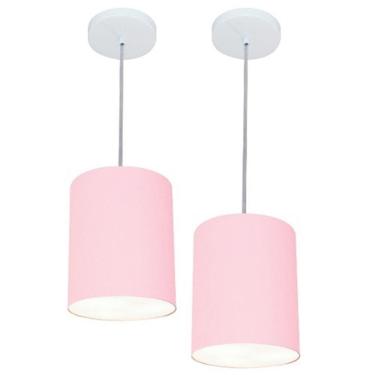 Imagem de Kit/2 Lustre Pendente Cilíndrico Md-4012 Cúpula Em Tecido 18x25cm Rosa Bebê - Bivolt