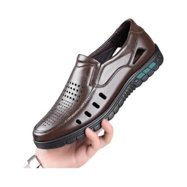 Imagem de Sandálias Masculinas Casuais De Couro Legítimo Vazadas Respiráveis Sli