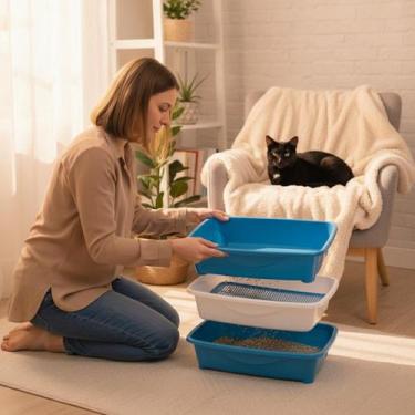 Imagem de Banheira Caixa de Areia Higiênica para Gatos Furacão Pet 3 Peças Azul 