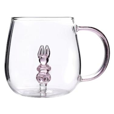 Imagem de Caneca Xicara de Vidro Borossilicato Coelho e Alça Rosa 3D 350ml C49 -