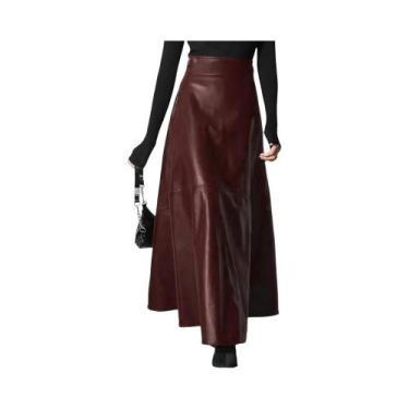 Imagem de Saia Maxi Feminina De Couro PU Com Cintura Alta, Elegante, Casual, Com