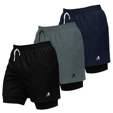 Imagem de Kit 3 Shorts Masculinos 2 em 1 para Academia com Estampa Esportiva Corrida-Masculino
