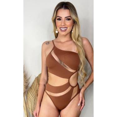 Imagem de Maiô Feminino Débora Nula Manga com Tule Liso Poliamida Alta Qualidade