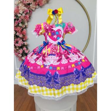 Imagem de Vestido Festa Junina Infantil Azul Rosa Xadrez Coração Bandeirinhas Ju