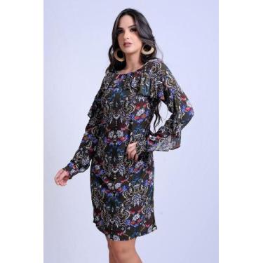 Imagem de Vestido Curto Estampado Babado Mangas F081 - Vitrine Colection, Preto,