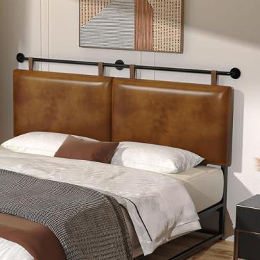 Imagem de BSHOMGI Cabeceira Queen, cabeceiras suspensas com tubo industrial de couro sintético marrom, estilo moderno, apenas para cama, cabeceiras para cama queen size